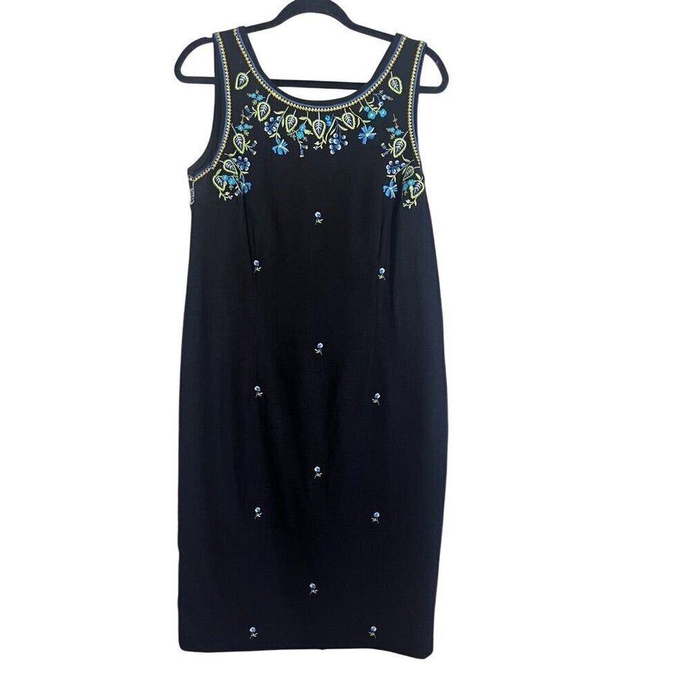 Retro Floral Linen Tank Dress 14 Black Cottagecore Embroidery Boho Old Money 90s - Picture 1 of 13